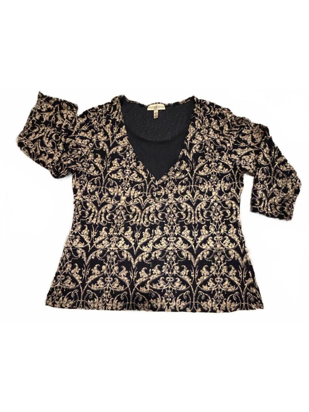 TOP Notations Women's Black and Gold Patterned 3/4 Sleeve Top XL